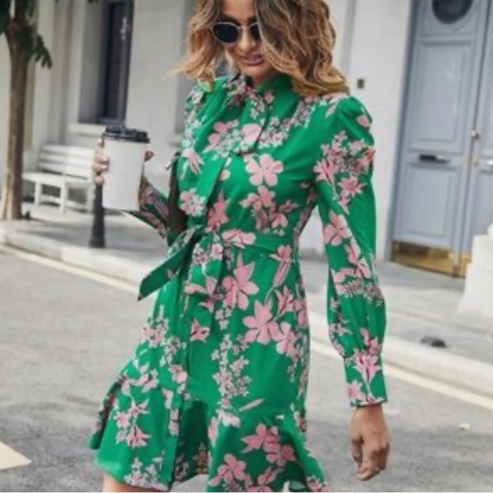 Vibrant green and pink floral print ruffle edge dress.Fabulous for work or play.